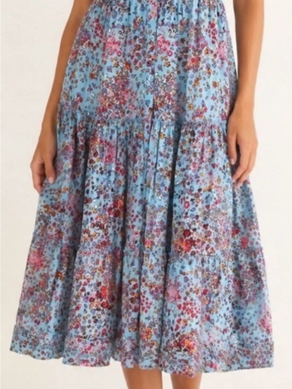 Poupette St. Barth Blue Floral Tiered Midi Skirt Size S/M